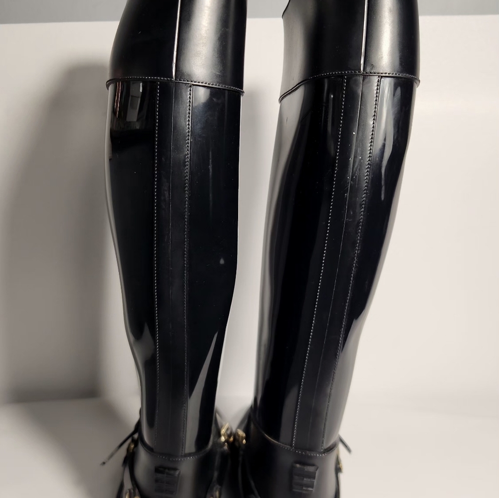 Jimmy Choo CHESHIRE Riding Black Gold Knee High Rain Boots Rubber Women Size 39 - Picture 4 of 14